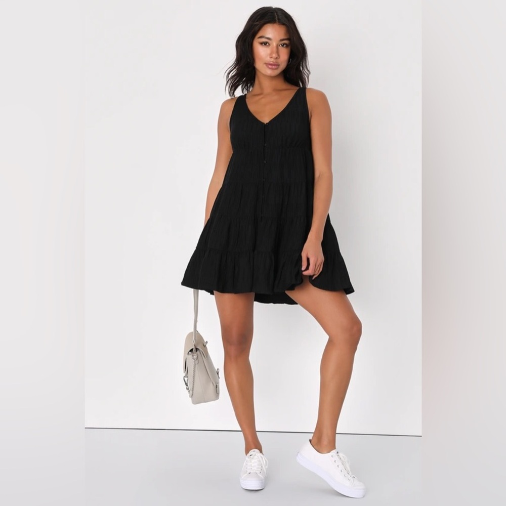 Lulus Endlessly Charming Black Tiered Button-Up Baby Doll Mini Dress